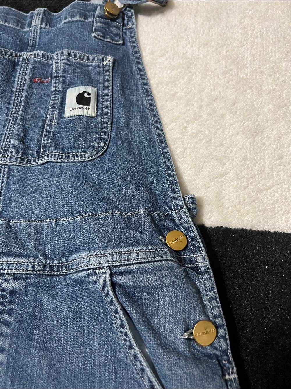 Carhartt women’s Blue Denim Bib Overalls with Brass Hardware - Picture 3 of 5